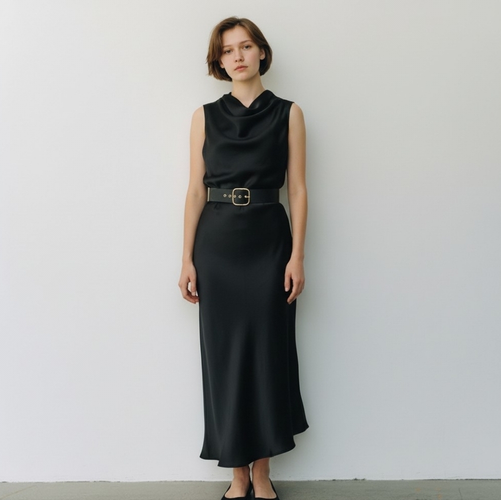 Zara Satin Midi Dress Belted Black Small